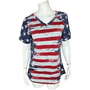 Denim & Co. American Flag Print Short‎ Sleeve V-Neck Top Small Patriotic A303650
